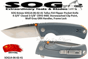 SOG Knives SOG14-06-02-41 Tellus FLK Flipper Pocket Knife 4-3/4" Closed 3-5/8" CRYO 440C Stonewashed Clip Point, Wolf Gray GRN Handles, Frame Lock 