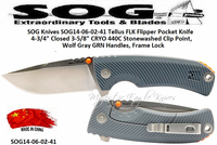 SOG Knives SOG14-06-02-41 Tellus FLK Flipper Pocket Knife 4-3/4" Closed 3-5/8" CRYO 440C Stonewashed Clip Point, Wolf Gray GRN Handles, Frame Lock 