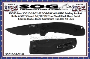 SOG Knives SOG15-38-02-57 SOG-TAC AU AUTO Folding Pocket Knife 4-5/8" Closed 3-7/16" D2 Tool Steel Black Drop Point Combo Blade, Black Aluminum Handles XR Lock SOG Knives SOG15-38-02-57 SOG-TAC AU AUTO Folding Pocket Knife 4-5/8" Closed 3-7/16" D2 Tool Steel Black Drop Point Combo Blade, Black Aluminum Handles XR Lock