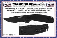 SOG Knives SOG15-38-02-57 SOG-TAC AU AUTO Folding Pocket Knife 4-5/8" Closed 3-7/16" D2 Tool Steel Black Drop Point Combo Blade, Black Aluminum Handles XR Lock