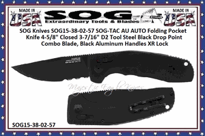 SOG Knives SOG15-38-02-57 SOG-TAC AU AUTO Folding Pocket Knife 4-5/8" Closed 3-7/16" D2 Tool Steel Black Drop Point Combo Blade, Black Aluminum Handles XR Lock 
