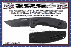 SOG Knives SOG15-38-04-57 TAC AU AUTO Folding Pocket Knife 4-5/8" Closed 3-7/16" D2 Tool Steel Black Tanto Combo Blade, Black Aluminum Handles XR Lock 