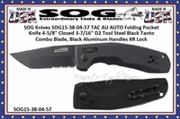 SOG Knives SOG15-38-04-57 TAC AU AUTO Folding Pocket Knife 4-5/8" Closed 3-7/16" D2 Tool Steel Black Tanto Combo Blade, Black Aluminum Handles XR Lock 