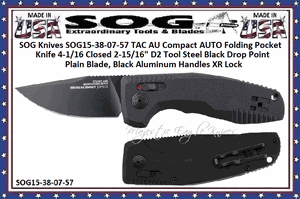 SOG Knives SOG15-38-07-57 TAC AU Compact AUTO Folding Pocket Knife 4-1/16 Closed 2-15/16" D2 Tool Steel Black Drop Point Plain Blade, Black Aluminum Handles XR Lock 