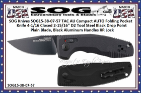 SOG Knives SOG15-38-07-57 TAC AU Compact AUTO Folding Pocket Knife 4-1/16 Closed 2-15/16" D2 Tool Steel Black Drop Point Plain Blade, Black Aluminum Handles XR Lock 