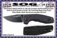 SOG Knives SOG15-38-07-57 TAC AU Compact AUTO Folding Pocket Knife 4-1/16 Closed 2-15/16" D2 Tool Steel Black Drop Point Plain Blade, Black Aluminum Handles XR Lock 
