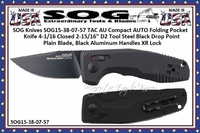 SOG Knives SOG15-38-07-57 TAC AU Compact AUTO Folding Pocket Knife 4-1/16 Closed 2-15/16" D2 Tool Steel Black Drop Point Plain Blade, Black Aluminum Handles XR Lock 