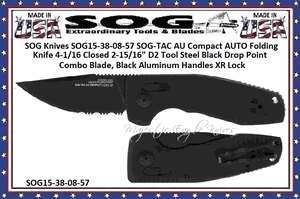 SOG Knives SOG15-38-08-57 SOG-TAC AU Compact AUTO Folding Knife 4-1/16 Closed 2-15/16" D2 Tool Steel Black Drop Point Combo Blade, Black Aluminum Handles XR Lock 