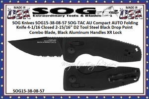 SOG Knives SOG15-38-08-57 SOG-TAC AU Compact AUTO Folding Knife 4-1/16 Closed 2-15/16" D2 Tool Steel Black Drop Point Combo Blade, Black Aluminum Handles XR Lock 