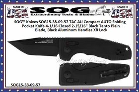 SOG� Knives SOG15-38-09-57 TAC AU Compact AUTO Folding Pocket Knife 4-1/16 Closed 2-15/16" Black Tanto Plain Blade, Black Aluminum Handles XR Lock 