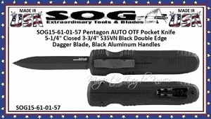 SOG� Knives SOG15-61-0-1-57 Pentagon AUTO OTF Pocket Knife 5-1/4" Closed 3-3/4" S35VN Black Double Edge Dagger Blade, Black Aluminum Handles