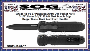 SOG� Knives SOG15-61-0-1-57 Pentagon AUTO OTF Pocket Knife 5-1/4" Closed 3-3/4" S35VN Black Double Edge Dagger Blade, Black Aluminum Handles