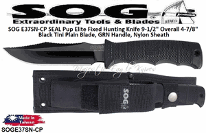 SOG Knives SOGE37SN-CP SEAL Pup Elite Fixed Blade Hunting Knife 9-1/2" Overall 4-7/8" Black TiNi Finish Plain Edge Blade with Nylon Sheath