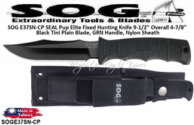 SOG Knives SOGE37SN-CP SEAL Pup Elite Fixed Blade Hunting Knife 9-1/2" Overall 4-7/8" Black TiNi Finish Plain Edge Blade with Nylon Sheath