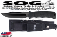 SOG Knives SOGE37SN-CP SEAL Pup Elite Fixed Blade Hunting Knife 9-1/2" Overall 4-7/8" Black TiNi Finish Plain Edge Blade with Nylon Sheath