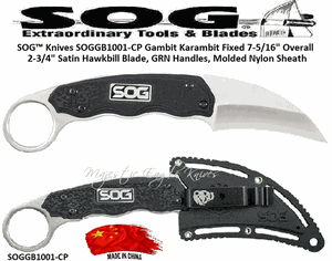 SOG� Knives SOGGB1001-CP Gambit Karambit Fixed 7-5/16" Overall 2-3/4" Satin Hawkbill Blade, GRN Handles, Molded Nylon Sheath