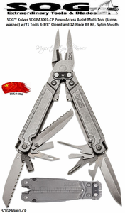 SOG� Knives SOGPA3001-CP PowerAccess Assist Multi-Tool (Stonewashed) w/21 Tools 3-3/8" Closed and 12-Piece Bit Kit, Nylon Sheath