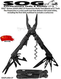 SOG� Knives SOGPL1002-CP PowerLitre Multi-Tool (Black) w/17 Tools The PowerLitre is a mini multi-tool that delivers full-sized utility, including the first SOG multitool to include a corkscrew