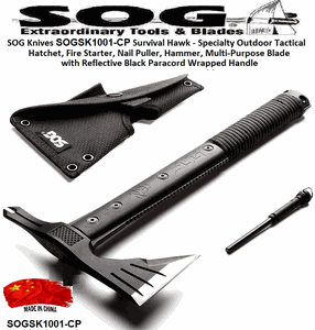 SOG Knives SOGSK1001-CP Survival Hawk - Specialty Outdoor Tactical Hatchet, Fire Starter, Nail Puller, Hammer, Multi-Purpose Blade with Reflective Black Paracord Wrapped Handle