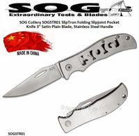 SOG Knives SOGSTR01CP SOG SlipTron 3" Satin Plain Blade, Stainless Steel Handled Folding Slipjoint Pocket Knife