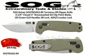 SOG Knives SOGTM1022-BX Terminus XR Flipper Pocket Knife 4-1/4" Closed 3" Stonewashed D2 Tool Steel Clip Point Blade, OD Green G10 Handles XR Lock, AXIS/Crossbar Lock