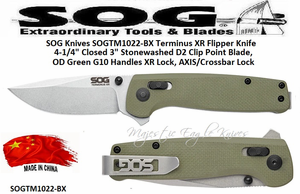 SOG Knives SOGTM1022-BX Terminus XR Flipper Pocket Knife 4-1/4" Closed 3" Stonewashed D2 Tool Steel Clip Point Blade, OD Green G10 Handles XR Lock, AXIS/Crossbar Lock SOG Knives SOGTM1022-BX Terminus XR Flipper Pocket Knife 4-1/4" Closed 3" Stonewashed D2 Tool Steel Clip Point Blade, OD Green G10 Handles XR Lock, AXIS/Crossbar Lock