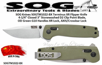 SOG Knives SOGTM1022-BX Terminus XR Flipper Pocket Knife 4-1/4" Closed 3" Stonewashed D2 Tool Steel Clip Point Blade, OD Green G10 Handles XR Lock, AXIS/Crossbar Lock
