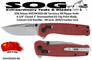 SOG Knives SOGTM1023-BX Terminus XR Flipper Pocket Knife 4-1/4" Closed 3" Stonewashed D2 Tool Steel Clip Point Blade, Crimson G10 Handles - XR Lock, AXIS/Crossbar Lock 