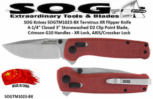 SOG Knives SOGTM1023-BX Terminus XR Flipper Pocket Knife 4-1/4" Closed 3" Stonewashed D2 Tool Steel Clip Point Blade, Crimson G10 Handles - XR Lock, AXIS/Crossbar Lock 