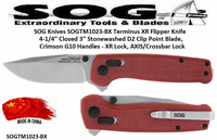 SOG Knives SOGTM1023-BX Terminus XR Flipper Pocket Knife 4-1/4" Closed 3" Stonewashed D2 Tool Steel Clip Point Blade, Crimson G10 Handles - XR Lock, AXIS/Crossbar Lock 