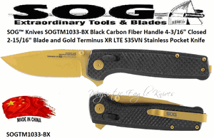 SOG� Knives SOGTM1033-BX Black Carbon Fiber Handle 4-3/16" Closed 2-15/16" Blade and Gold Terminus XR LTE S35VN Stainless Pocket Knife