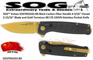 SOG� Knives SOGTM1033-BX Black Carbon Fiber Handle 4-3/16" Closed 2-15/16" Blade and Gold Terminus XR LTE S35VN Stainless Pocket Knife