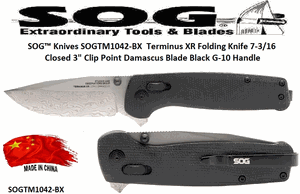 SOG� Knives SOGTM1042-BX  Terminus XR Folding Pocket Knife 7-3/16 Closed 3" Clip Point Damascus Blade Black G-10 Handle