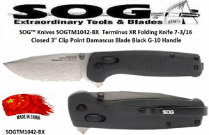 SOG™ Knives SOGTM1042-BX Terminus XR Folding Pocket Knife 7-3/16 Closed 3" Clip Point Damascus Blade Black G-10 Handle SOG™ Knives SOGTM1042-BX Terminus XR Folding Pocket Knife 7-3/16 Closed 3" Clip Point Damascus Blade Black G-10 Handle