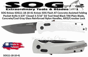 SOG Knives SOG11-18-10-41 SOG Flash AT Concrete Assisted Folding Pocket Knife 4-3/4" Closed 3-7/16" D2 Tool Steel Black TiNi Plain Blade, Concrete/Cool Gray Glass Reinforced Nylon Handles, AXIS/Crossbar Lock
