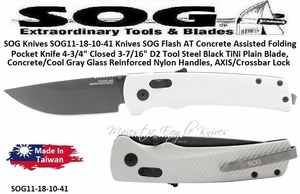 SOG Knives SOG11-18-10-41 SOG Flash AT Concrete Assisted Folding Pocket Knife 4-3/4" Closed 3-7/16" D2 Tool Steel Black TiNi Plain Blade, Concrete/Cool Gray Glass Reinforced Nylon Handles, AXIS/Crossbar Lock SOG Knives SOG11-18-10-41 SOG Flash AT Concrete Assisted Folding Pocket Knife 4-3/4" Closed 3-7/16" D2 Tool Steel Black TiNi Plain Blade, Concrete/Cool Gray Glass Reinforced Nylon Handles, AXIS/Crossbar Lock