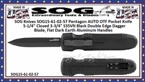 SOG15-61-02-57 Pentagon AUTO OTF Pocket Knife 5-1/4" Closed 3-3/4" S35VN Black Double Edge Dagger Blade, Flat Dark Earth Aluminum Handles