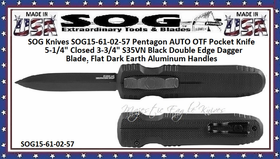 SOG15-61-02-57 Pentagon AUTO OTF Pocket Knife 5-1/4" Closed 3-3/4" S35VN Black Double Edge Dagger Blade, Flat Dark Earth Aluminum Handles SOG15-61-02-57 Pentagon AUTO OTF Pocket Knife 5-1/4" Closed 3-3/4" S35VN Black Double Edge Dagger Blade, Flat Dark Earth Aluminum Handles
