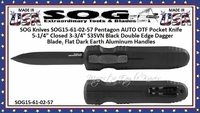 SOG15-61-02-57 Pentagon AUTO OTF Pocket Knife 5-1/4" Closed 3-3/4" S35VN Black Double Edge Dagger Blade, Flat Dark Earth Aluminum Handles