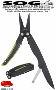 SOG� Knives SOG29-41-03-41 Aegis MT Multi-Tool with 5 Tools, 3-3/4" Closed 1-7/8" Assisted 440 Black Oxide Blade, Black Stainless Steel and GRN Handles with Moss Accents, Compound Leverage Pliers 