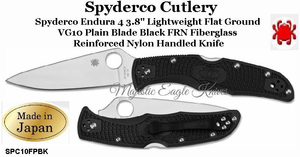 SPC10FPBK Spyderco Endura Flat Ground 3-3/4" VG10 Satin Plain Blade, Black FRN Handled Knife SPC10FPBK Spyderco Endura Flat Ground 3-3/4" VG10 Satin Plain Blade, Black FRN Handled Knife