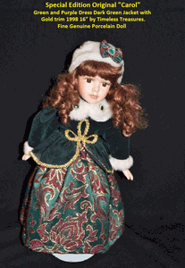 Special Edition Original "Carol" Green and Purple Dress Dark Green Jacket with Gold trim 1998 16" by Timeless Treasures. Fine Genuine Porcelain Doll
