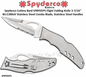 Spyderco Cutlery Byrd SPBY05PS Flight Folding Knife 3-7/16" 8Cr13MoV Stainless Steel Combo Blade, Stainless Steel Handles