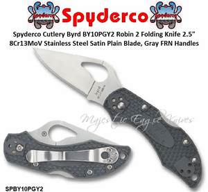 Spyderco Cutlery Byrd SPBY10PGY2 Robin 2 Folding Knife 2.5" 8Cr13MoV Satin Plain Blade, Gray FRN Handles Spyderco Cutlery Byrd SPBY10PGY2 Robin 2 Folding Knife 2.5" 8Cr13MoV Satin Plain Blade, Gray FRN Handles