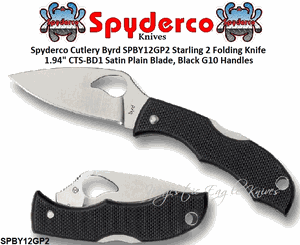 Spyderco Cutlery Byrd SPBY12GP2 Starling 2 Folding Knife 1.94" CTS-BD1 Satin Plain Blade, Black G10 Handles