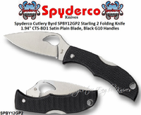 Spyderco Cutlery Byrd SPBY12GP2 Starling 2 Folding Knife 1.94" CTS-BD1 Satin Plain Blade, Black G10 Handles
