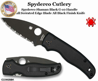 Spyderco Cutlery SPC229GSBK Spyderco Shaman Black G-10 Handle Full Serrated Edge Blade All Black Finish Knife