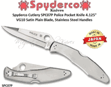 Spyderco Cutlery SPC07P Police Pocket Knife 4.125" VG10 Satin Plain Blade, Stainless Steel Handles 