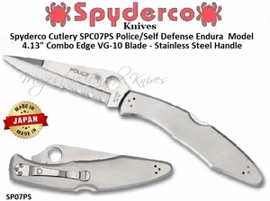 Spyderco Cutlery SPC07PS Police/Self Defense Endura  Model 4.13" Combo Edge VG-10 Blade - Stainless Steel Handle