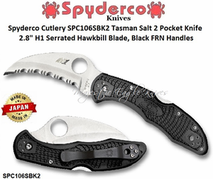 Spyderco Cutlery SPC106SBK2 Tasman Salt 2 Pocket Knife 2.8" H1 Serrated Hawkbill Blade, Black FRN Handles Spyderco Cutlery SPC106SBK2 Tasman Salt 2 Pocket Knife 2.8" H1 Serrated Hawkbill Blade, Black FRN Handles
